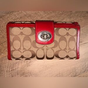 coach Red and Tan Wallet with Logo Pattern